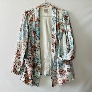 Chico's Womens Sky Blue Open Front Paisley Twill Blazer Jacket Size 1 US 8/10